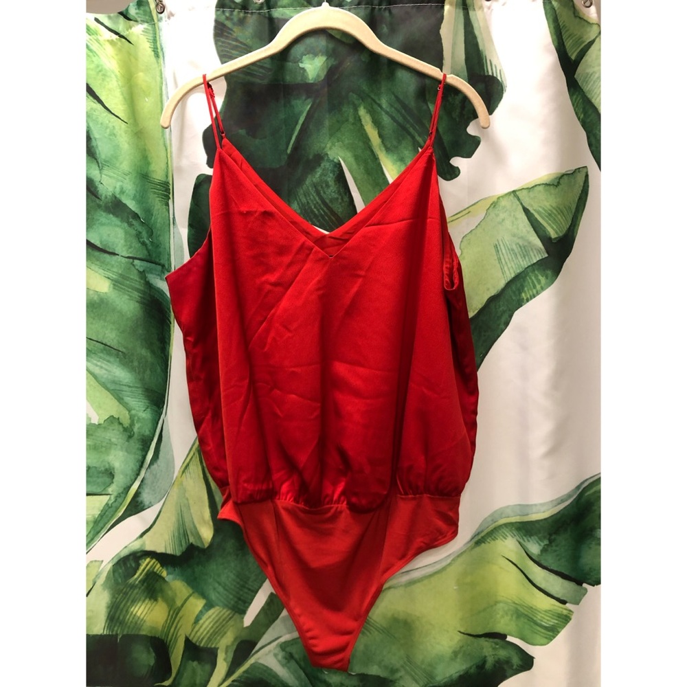 EXPRESS Satin Downtown Cami V-Neck Thong Bodysuit